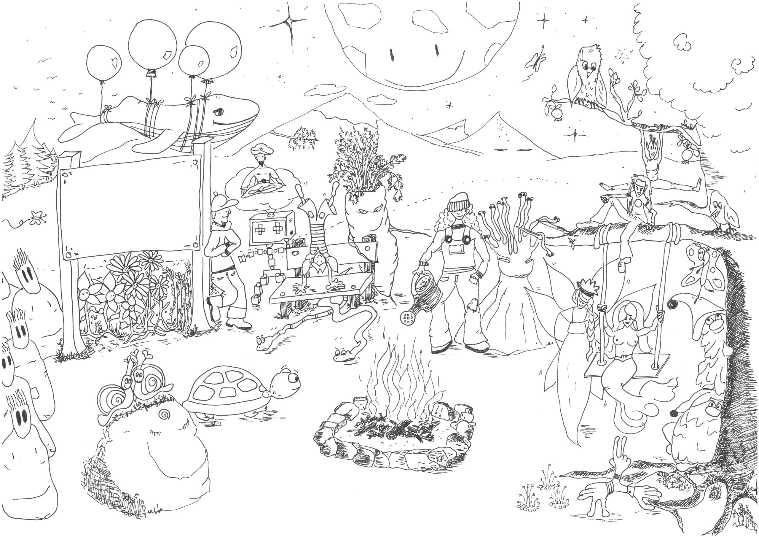 gezeichnetes Bild mit vielen gesellschaftlichen Szenen