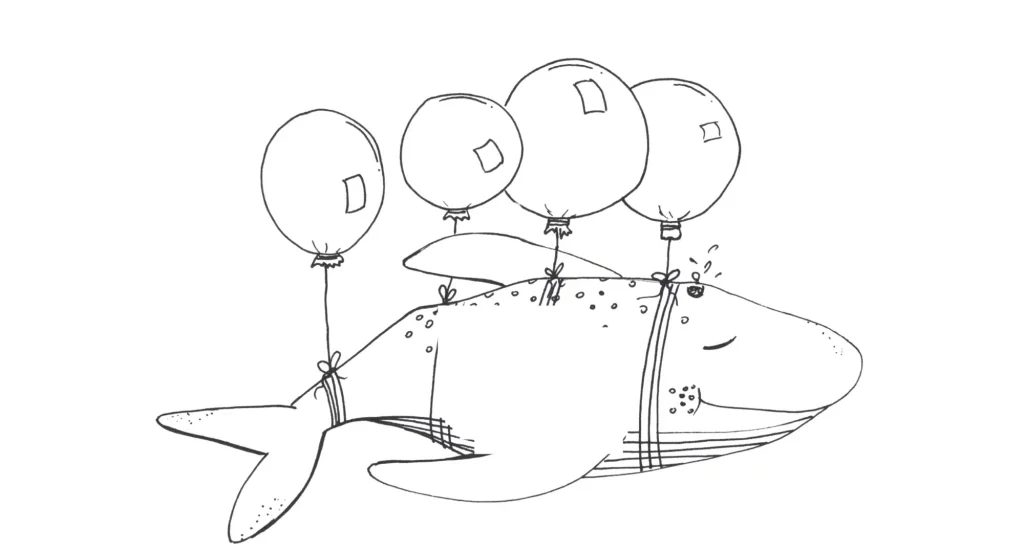 Zeichnung Schwal - Wal fliegt mit Luftballonen